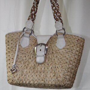 Brighton Raffia Woven Straw Tote Bag-Braided Leather -Buckle Accent -Heart Charm